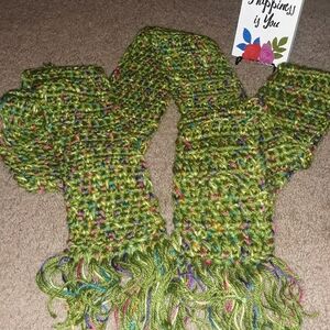 Green Multi Colorful Knit Fringe Scarf
